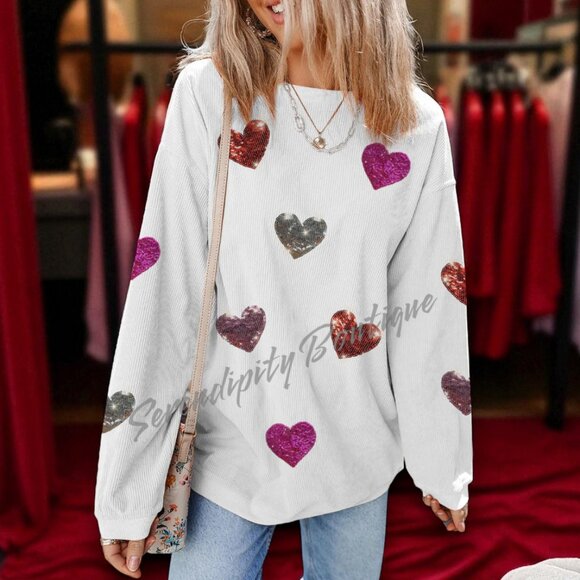 Soft Cozy Slouchy Ribbed Drop Shoulders Long Sleeve Hearts Oversized Sweatshirt - Picture 2 of 7